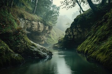 A Misty River Gorge with Lush Greenery and Rock Formations