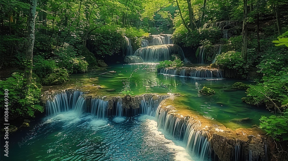 Poster a lush green forest, where a central stream cascades down from a waterfall above, forming multiple s