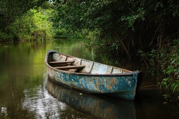 A weathered wooden rowboat rests in a still river, surrounded by lush green foliage.