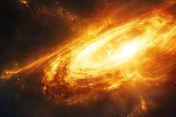 Fototapeta premium A fiery spiral galaxy with bright, swirling arms and a glowing core, set against a dark starry background.