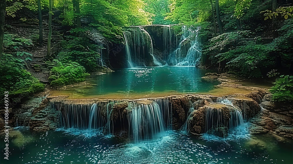 Poster a lush green forest, where a central stream cascades down from a waterfall above, forming multiple s