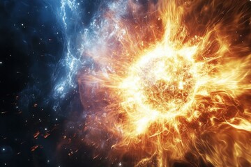 A fiery sun with a blue nebula in the background.