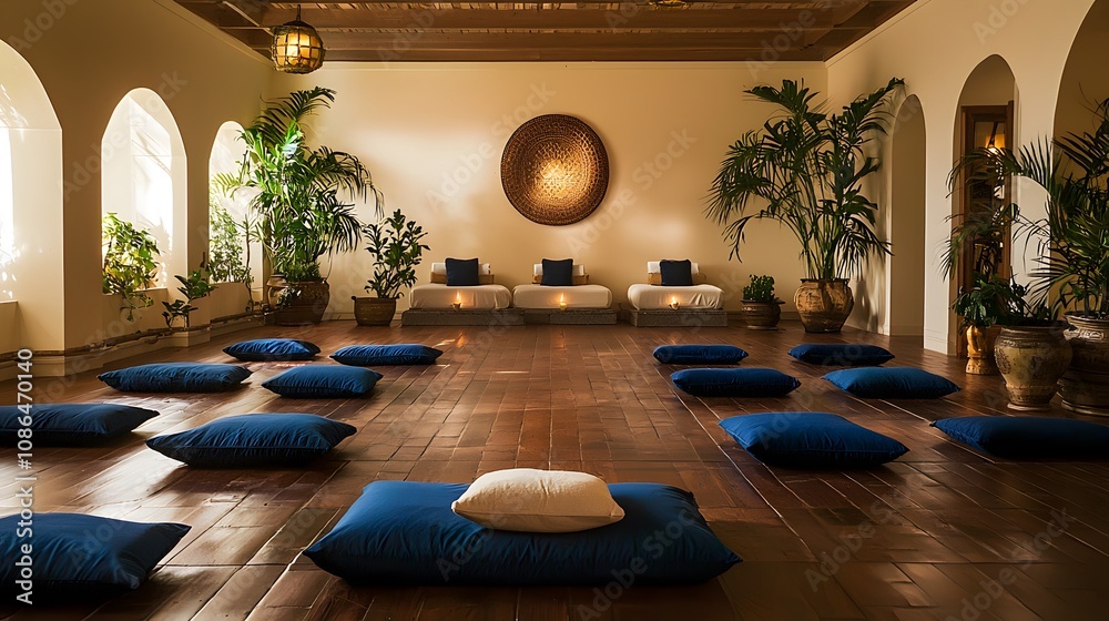 Poster meditation session setup tranquil studio interior design calm environment wide view mindfulness conc