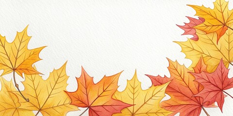 Fototapeta premium Colorful watercolor yellow and orange maple leaf border on a white canvas, creative, graphic design
