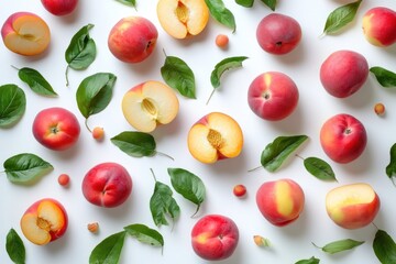 Naklejka premium Flat lay pattern of fresh peaches and leaves on white background.
