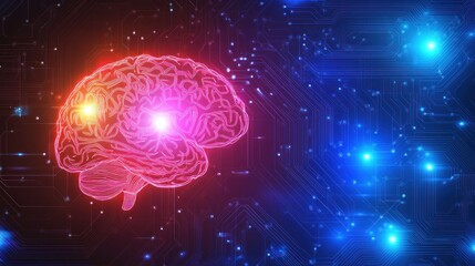 Obraz premium neon brain illustration with glowing neural circuits on tech circuit board background symbolizing artificial intelligence innovation machine learning futuristic
