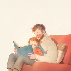 Christmas homecoming concept. Parent reading to child on sofa, representing holiday family warmth