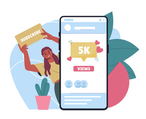 Woman with subscription offer. Young girl with sign subscribe near smartphone screen. Promotion in social networks and messengers. Flat vector illustration isolated on white background