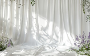 white studio backdrop with a matte finish, opal white satin curtains with soft lavender and trailing fern. Copy space 