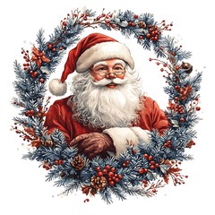 An illustration clip art of a Santa Claus with a Christmas tree, Christmas gifts, clipart style