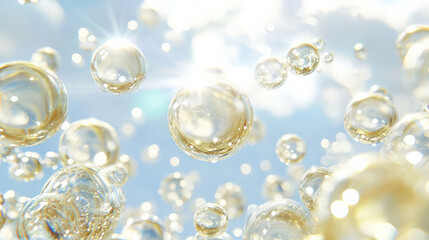 Fototapeta premium close up of champagne bubbles rising in glass, sparkling in light, creating festive and celebratory atmosphere