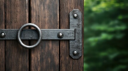 security risks , breach , safeguard Rustic wooden door with metal hardware