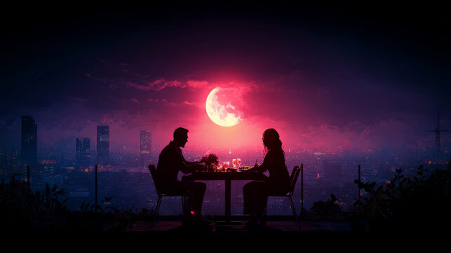 couple enjoying romantic dinner at rooftop restaurant under full moon, surrounded by stunning city skyline. atmosphere is intimate and enchanting