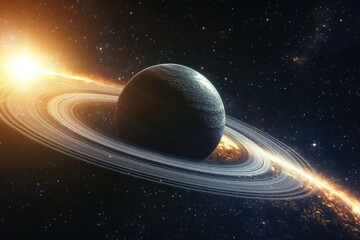 A majestic ringed planet shines in a starry expanse, a bright star illuminating its celestial beauty.