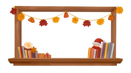 Obraz premium Bookstore window with Christmas garlands, blank space for promotional text