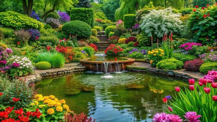 Fototapeta premium Lush green garden with vibrant flowers and a serene water feature, garden decor, peaceful atmosphere