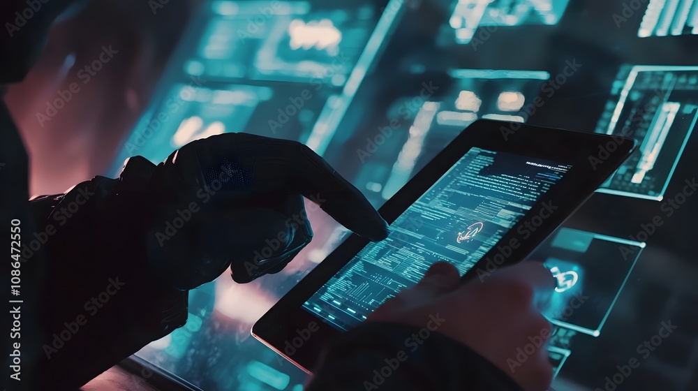 Poster Analyzing data trends tech environment digital interaction futuristic setting close-up perspective data analytics
