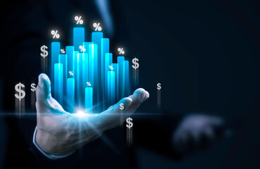 Businessman holding a virtual graph with percentage and dollar sign representing a special offer of shopping discounts, tax rate, interest rate increase, inflation or investment returns.