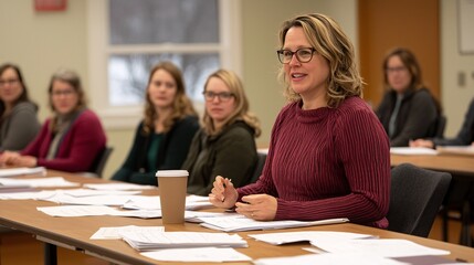 Engaging Female Speaker Discussing Ideas with an Attentive Audience in a Professional Meeting Environment