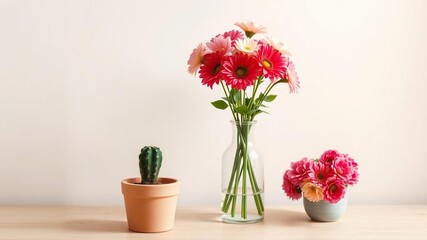 Fototapeta premium Minimalist setup with a small potted cactus and a vase of fresh flowers against a calm-colored wall, indoor plants, small plants, cacti