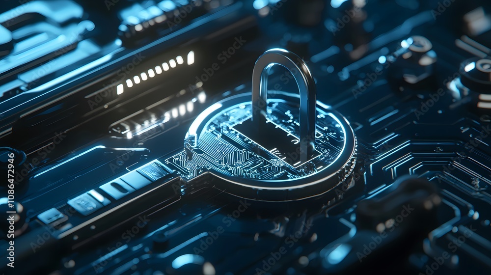 Aufkleber Cybersecurity lock symbol digital circuit board technology image futuristic environment close-up view data protection concept