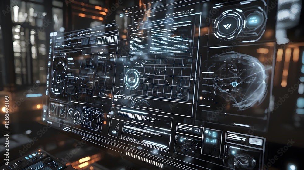 Poster Advanced data display futuristic lab digital interface high-tech environment close-up view innovation concept