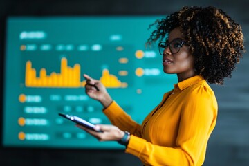 Young African American businesswoman presenting data analysis in a modern office environment with bar graphs and statistical charts displayed on a large screen