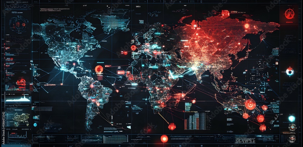 Poster Global cybersecurity threat analysis worldwide infographic digital environment aerial view data visualization