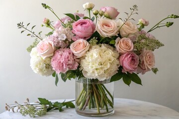 Elegant floral arrangement with long-stemmed roses peonies and hydrangeas, flower bouquet, romantic wedding, garden flowers
