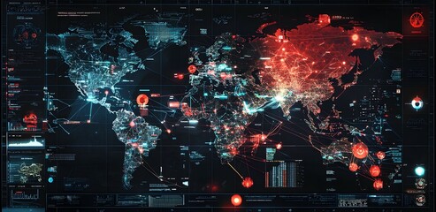 Global cybersecurity threat analysis worldwide infographic digital environment aerial view data visualization