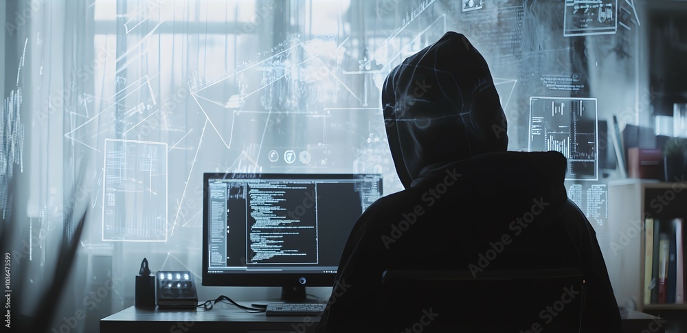 Poster hacker at work home office digital art dimly lit space rear angle cybersecurity concept