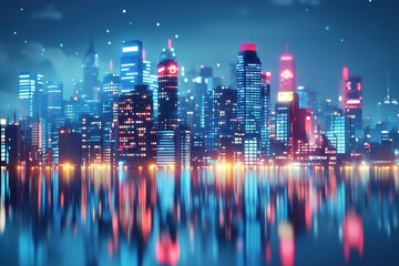 Obraz premium Explore the vibrant cityscape at night where colorful lights reflect on water surfaces