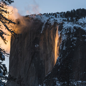 Fire fall at Yosemite National Park in the winter with lava waterfall