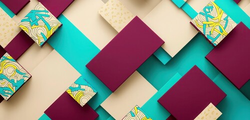 Deep maroon and soft beige blocks with bright cyan and fluorescent yellow patterns, arranged in a bold, asymmetric layout with cool mint accents