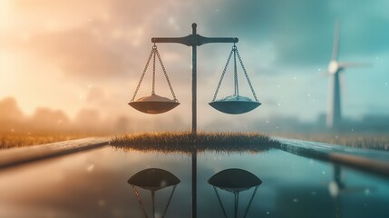 Balancing justice scales at sunset nature landscape legal concept tranquil environment artistic viewpoint