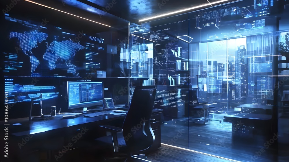 Poster Data analysis event high-tech office digital workspace urban environment futuristic view innovation