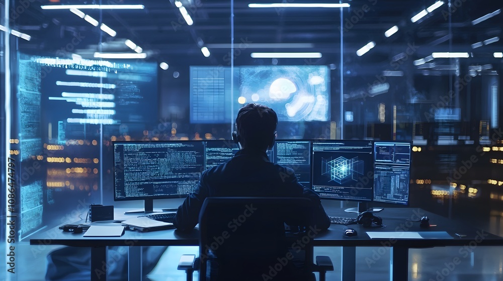 Poster data analysis in high-tech office city skyline digital workspace futuristic environment over-the-sho