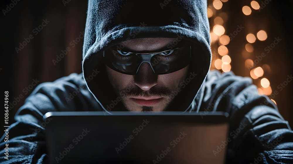 Poster hacker engaged in cybercrime dark room digital art mysterious atmosphere close-up technology insight