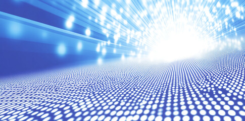 Bright blue background with dynamic light effects and halftone dots
