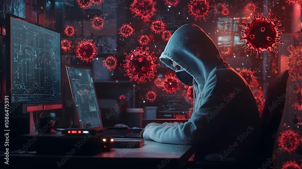 Poster hacker analyzes covid data dark room digital art cyber environment close-up cybersecurity awareness