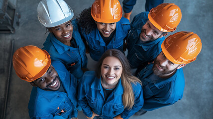 diverse group of smiling workers in blue uniforms and orange helmets, showcasing teamwork and camaraderie in professional setting