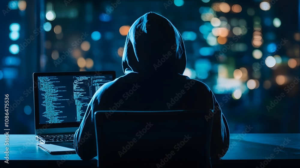 Poster hacking scene urban environment digital art nighttime back view cybersecurity concept