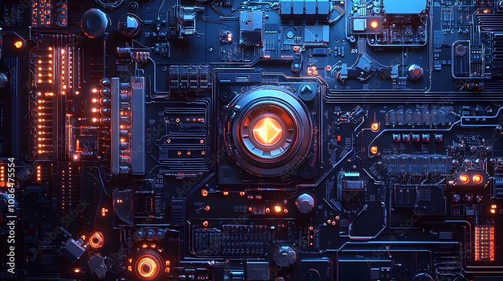 Aufkleber innovative technology circuit board futuristic lab digital art neon environment aerial view cybernet