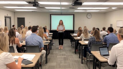Engaging Presentation in a Modern Classroom with a Professional Speaker Addressing an Attentive Audience of Young Adults in Casual Business Attire