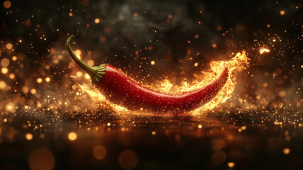 red pepper on fire with particles and dark background creates dramatic and vibrant scene. fiery effect enhances visual appeal of pepper