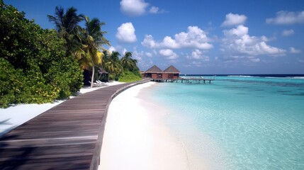 Fototapeta premium Tropical beach with a wooden boardwalk leading to white sand and turquoise ocean waters