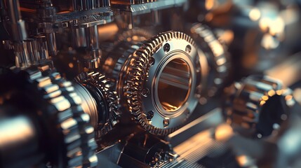 Fototapeta premium Mechanical precision gear system close-up industrial workshop high-definition image technical environment macro view engineering concept