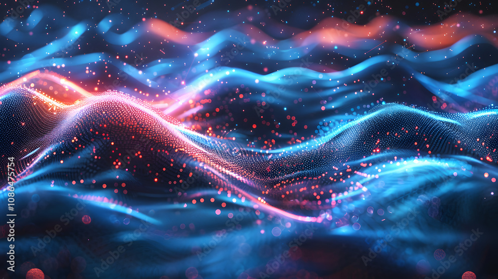 Poster abstract background with digital waves, dynamic network system, artificial neural connections, cyber