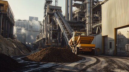 Fototapeta premium Industrial action loading materials manufacturing plant production process urban environment ground level heavy machinery operations