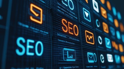 Digital Marketing SEO Interface Neon Keywords Data Analytics Online Strategy